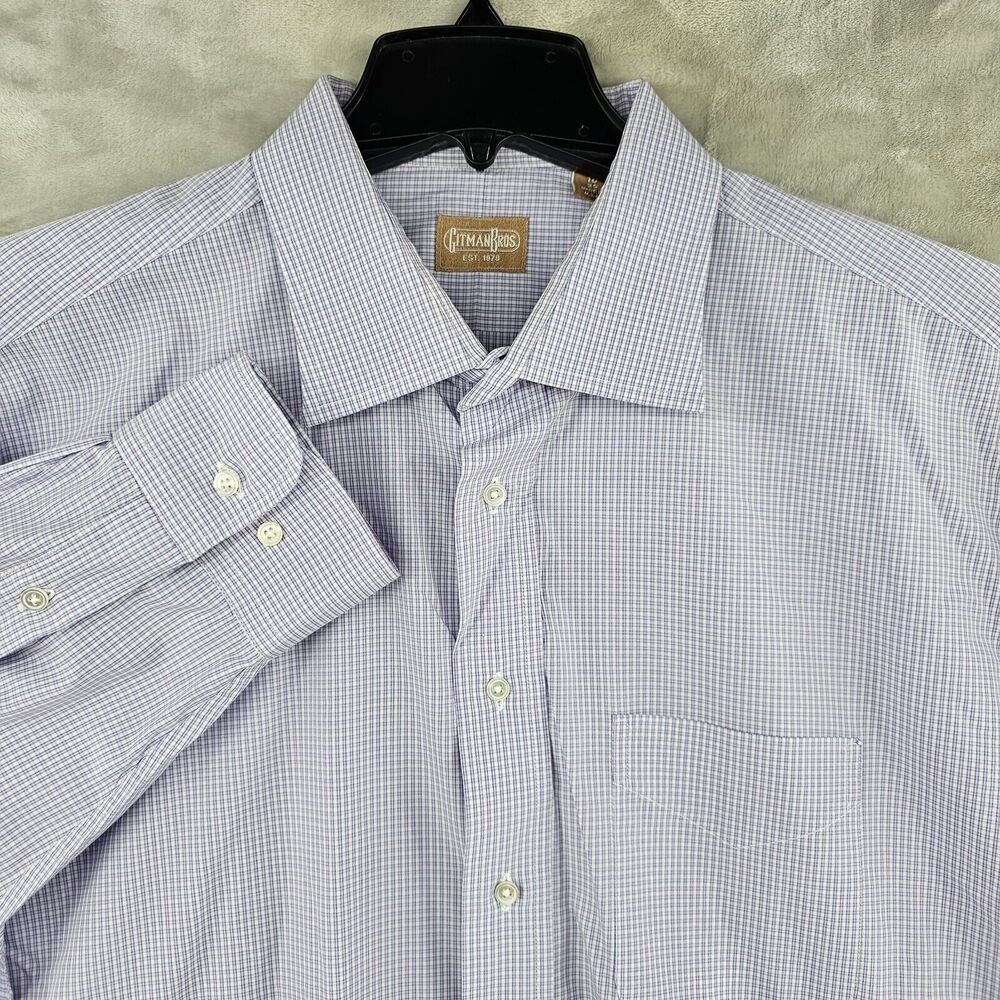 Gitman Bros Mens 18-35 Dress Shirt Blue Plaid Long‎ Sleeve USA MADE